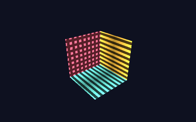 A shaded cube in an ntk window, its faces patterned by a fragment shader