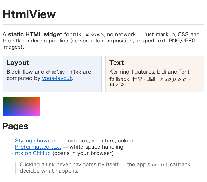 HtmlView rendering examples/html.js