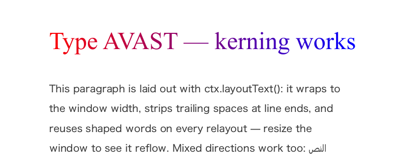 shaped text with a gradient fill and a wrapped mixed-direction paragraph