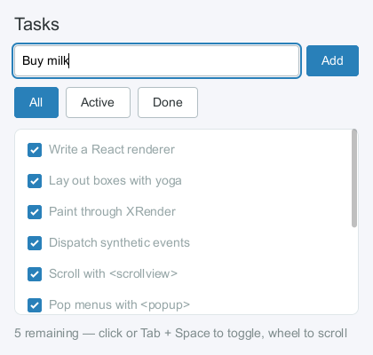examples/tasks.jsx — useReducer, <textinput>, <scrollview>