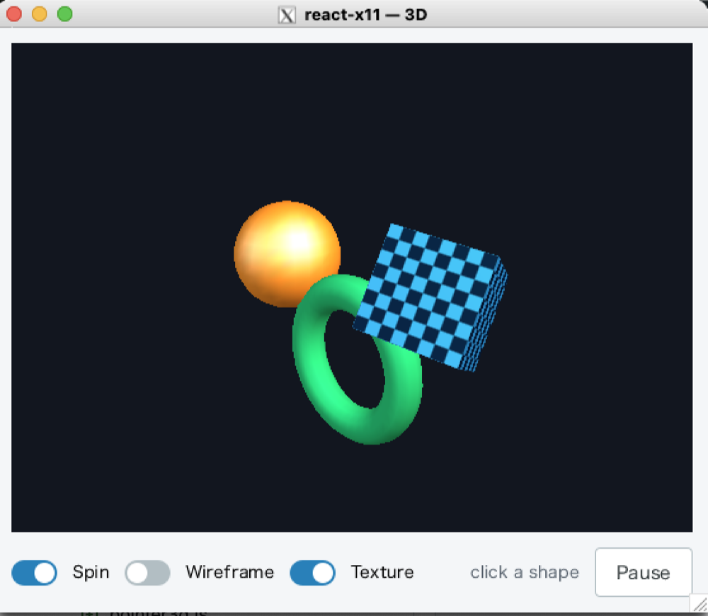 examples/three.jsx — a <Canvas3D> scene over indirect GLX